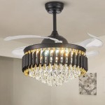Moooni 42" Modern Crystal Ceiling Fan with Light and Remote Fandelier LED Dimmable 6-Speed Reversible Black Gold Retractable Invisible Ceiling Fans for Living Room Dining Room Bedroom