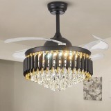 Moooni 42" Modern Crystal Ceiling Fan with Light and Remote Fandelier LED Dimmable 6-Speed Reversible Black Gold Retractable Invisible Ceiling Fans for Living Room Dining Room Bedroom
