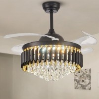 Moooni 42" Modern Crystal Ceiling Fan with Light and Remote Fandelier LED Dimmable 6-Speed Reversible Black Gold Retractable Invisible Ceiling Fans for Living Room Dining Room Bedroom