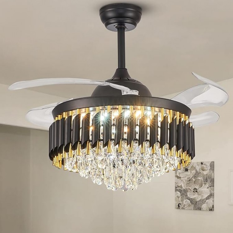 Moooni 42" Modern Crystal Ceiling Fan with Light and Remote Fandelier LED Dimmable 6-Speed Reversible Black Gold Retractable Invisible Ceiling Fans for Living Room Dining Room Bedroom