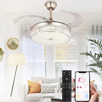 42 Inch Crystal Ceiling Fan with Light,Modern Retractable Flush Mount Low Profile Bladeless Chandelier Ceiling Fan